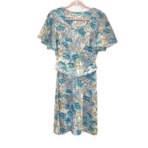 VTG 60s 70s Beeline Fashions Mod Floral Belted Dress Flutter Sleeve Blue 12